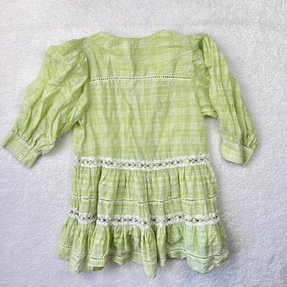 Free People Boho Cottage Core Blouse Time Out Lace Plaid Lime Tunic Top XS - Picture 4 of 5